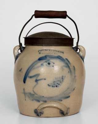 Very Rare One-Gallon Cobalt-Decorated Stoneware Batter Pail with Man-in-the-Moon Motif, Stamped 