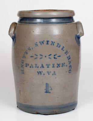 Four-Gallon KNOTTS, SWINDLER & CO / PALATINE, / W.VA Stoneware Ja