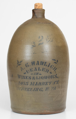 Two-Gallon Wheeling, West Virginia Stoneware Advertising Jug
