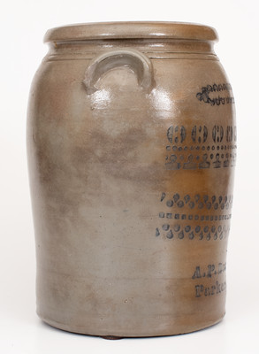 Three-Gallon A.P. Donaghho, / Parkersburg, W.Va Stoneware Jar w/ Elaborate Stenciled Decoration