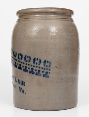 Two-Gallon E.B. TAYLOR / Richmond. Va. Stoneware Advertising Jar, attrib. Donaghho