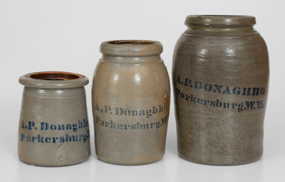 Lot of Three: A.P. Donaghho, / Parkersburg, W.Va. Cobalt-Decorated Stoneware Canning Jars