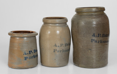 Lot of Three: A.P. Donaghho, / Parkersburg, W.Va. Cobalt-Decorated Stoneware Canning Jars