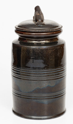 Redware Bird-Finialed Lid w/ Associated Jar, attrib. Anthony Baecher, Adams County, PA, c1855