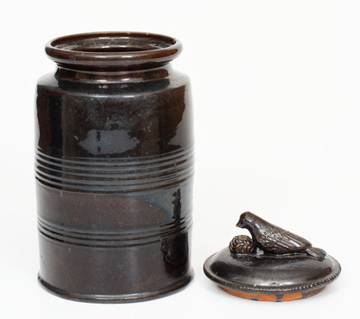 Redware Bird-Finialed Lid w/ Associated Jar, attrib. Anthony Baecher, Adams County, PA, c1855