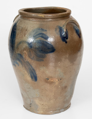 Rare One-Gallon Stoneware Jar with Cobalt Floral Decoration, Stamped 