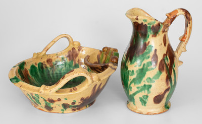 Exceptional Shenandoah Valley Multi-Glazed Redware Pitcher and Washbowl Set