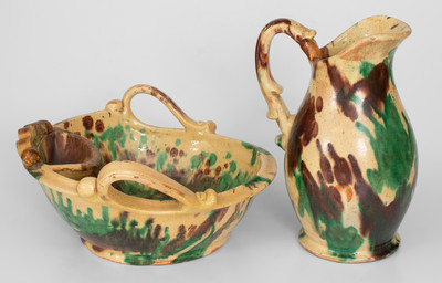 Exceptional Shenandoah Valley Multi-Glazed Redware Pitcher and Washbowl Set