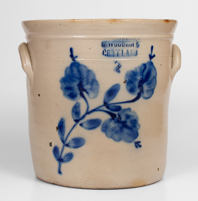 Three-Gallon M. WOODRUFF / CORTLAND, New York Stoneware Crock w/ Floral Decoration