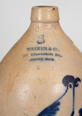 WALKER & CO. / 27 Haverhill St. / BOSTON, MASS. Five-Gallon Stoneware Bird Jug, NY State origin