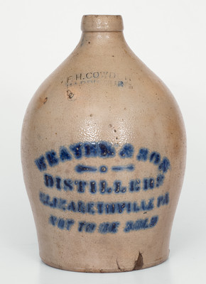 Scarce Stoneware Jug w/ Elizabeth, PA Distillers  Advertising, Stamped F.H. COWDEN / HARRISBURG