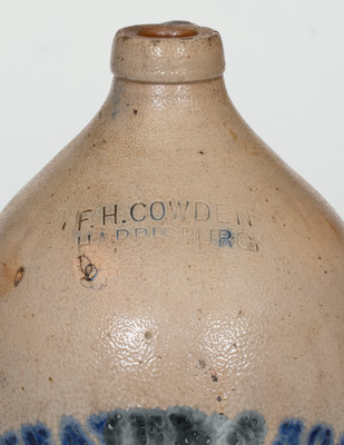 Scarce Stoneware Jug w/ Elizabeth, PA Distillers' Advertising, Stamped F.H. COWDEN / HARRISBURG