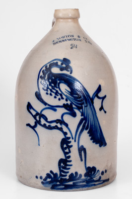 Exceptional Two-Gallon Stoneware Jug with Cobalt Pheasant-on-Stump Decoration, Stamped 