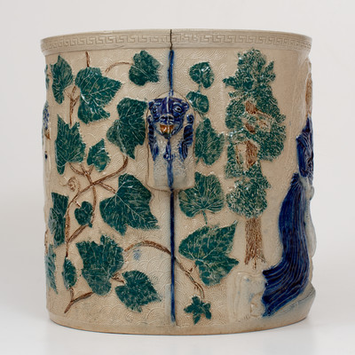 Scarce Rebecca-at-the-Well Stoneware Cooler w/ Three-Color Slip Decoration, White's Pottery, Utica, NY