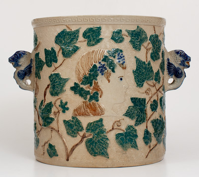 Scarce Rebecca-at-the-Well Stoneware Cooler w/ Three-Color Slip Decoration, White's Pottery, Utica, NY
