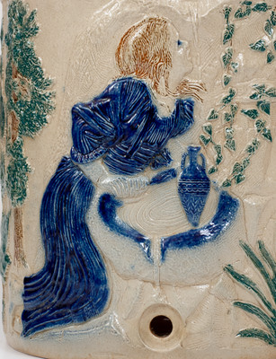 Scarce Rebecca-at-the-Well Stoneware Cooler w/ Three-Color Slip Decoration, White's Pottery, Utica, NY