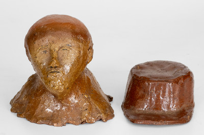 Rare Two-Piece Sewer Tile Bust Sculpture of a Hatted Man, probably Ohio, late 19th / early 20th century