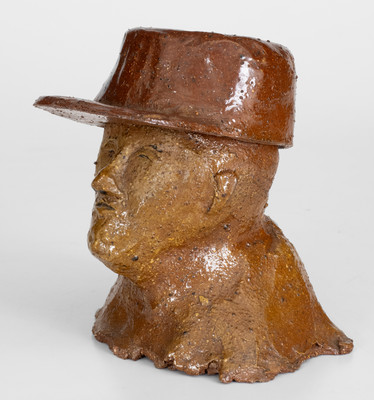 Rare Two-Piece Sewer Tile Bust Sculpture of a Hatted Man, probably Ohio, late 19th / early 20th century