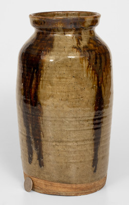 Rare One-Gallon Alkaline-Glazed Stoneware Jar with Iron-Oxide Decoration, John Davis Leopard or possibly Ussery Family, Bacon Level, Randolph County, AL, circa 1845.