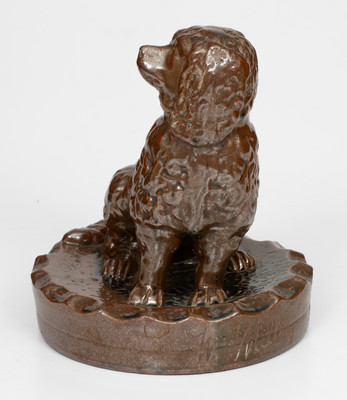 Rare William E. Arblaster, Clarion County, PA, 1894 Albany-Slip-Glazed Stoneware Presentation Dog Doorstop