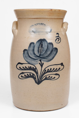 Three-Gallon J. BURGER / ROCHESTER, N.Y. Stoneware Churn w/ Cobalt Floral Decoration