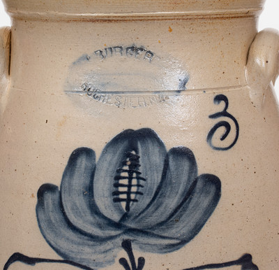 Three-Gallon J. BURGER / ROCHESTER, N.Y. Stoneware Churn w/ Cobalt Floral Decoration