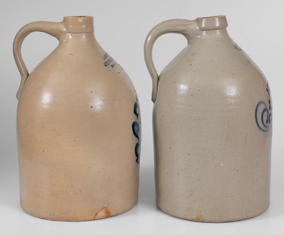 Two Two-Gallon Fort Edward, New York Stoneware Jugs w/ Floral Decoration