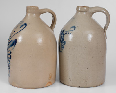 Two Two-Gallon Fort Edward, New York Stoneware Jugs w/ Floral Decoration