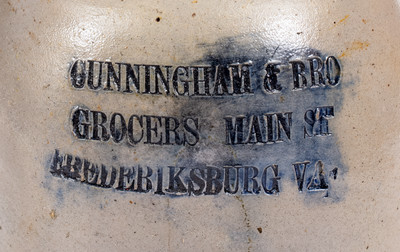 Rare Half-Gallon Fredericksburg, VA Stoneware Advertising Jug, Baltimore, MD origin, circa 1875