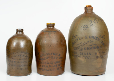 Lot of Three: Wheeling, WV Stoneware Advertising Jugs, Western PA origin, circa 1880