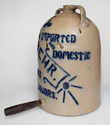 Exceptional Oversized Stoneware Storefront Water Cooler for Toledo, OH Liquor Dealer, circa 1890