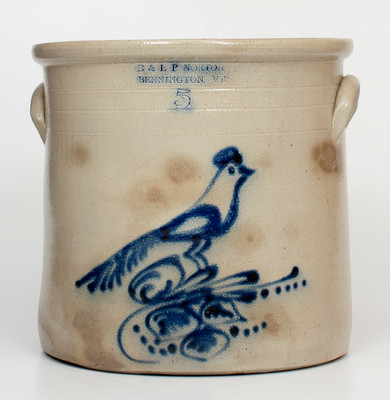 Five-Gallon E & L P NORTON / BENNINGTON, VT Stoneware Bird Crock, circa 1870