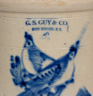 Four-Gallon G.S. GUY & CO. / FORT EDWARD, N.Y. Stoneware Crock w/ Cobalt Double Bird Decoration