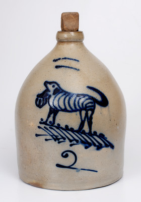 Exceptional Two-Gallon Stoneware Jug with Cobalt Dog Carrying Basket Decoration, Stamped 