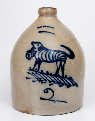 Exceptional S. HART / FULTON, New York Stoneware Jug w/ Cobalt Dog Carrying Basket Decoration