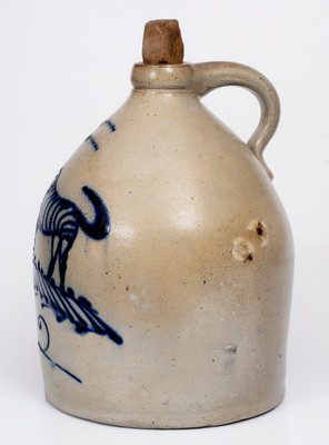 Exceptional S. HART / FULTON, New York Stoneware Jug w/ Cobalt Dog Carrying Basket Decoration