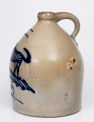 Exceptional S. HART / FULTON, New York Stoneware Jug w/ Cobalt Dog Carrying Basket Decoration