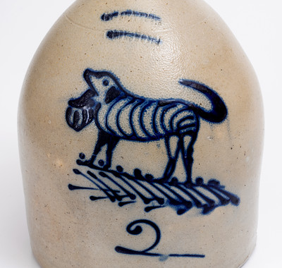 Exceptional S. HART / FULTON, New York Stoneware Jug w/ Cobalt Dog Carrying Basket Decoration