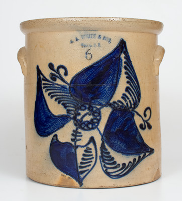 Six-Gallon N.A. WHITE & SON / UTICA, N.Y. Stoneware Crock w/ Elaborate Cobalt Floral Decoration, c1885