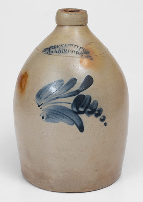 One-Gallon COWDEN & WILCOX / HARRISBURG, PA Stoneware Jug w/ Floral Decoration, c1865