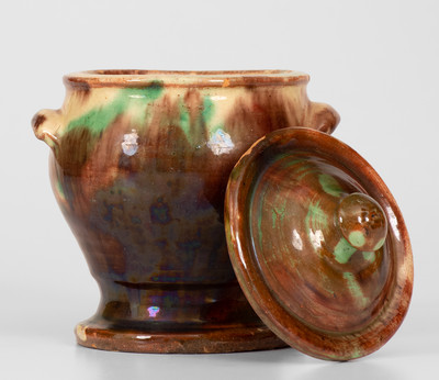 Scarce Shenandoah Valley Multi-Glazed Redware Lidded Sugar Bowl, Strasburg, VA, circa 1890