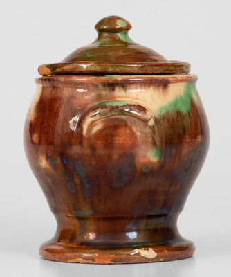 Scarce Shenandoah Valley Multi-Glazed Redware Lidded Sugar Bowl, Strasburg, VA, circa 1890