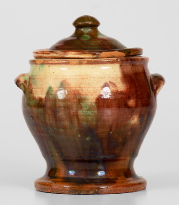 Scarce Shenandoah Valley Multi-Glazed Redware Lidded Sugar Bowl, Strasburg, VA, circa 1890