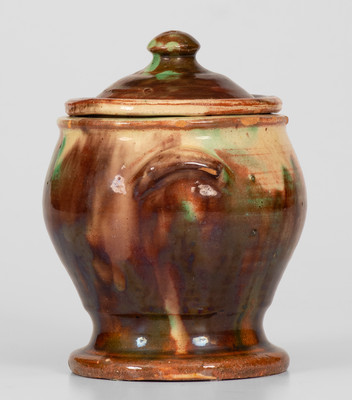 Scarce Shenandoah Valley Multi-Glazed Redware Lidded Sugar Bowl, Strasburg, VA, circa 1890