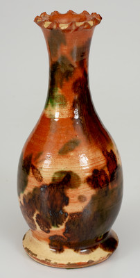 Outstanding attrib. J. Eberly & Co., Strasburg, VA Multi-Glazed Redware Crimped-Rim Vase