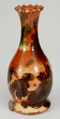 Outstanding attrib. J. Eberly & Co., Strasburg, VA Multi-Glazed Redware Crimped-Rim Vase