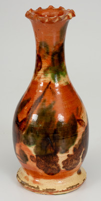 Outstanding attrib. J. Eberly & Co., Strasburg, VA Multi-Glazed Redware Crimped-Rim Vase