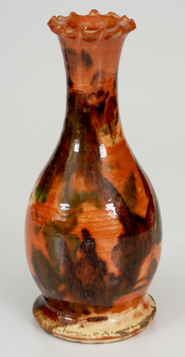 Outstanding Multi-Glazed Redware Crimped-Rim Vase, attributed to J. Eberly & Co., Strasburg, VA, circa 1890.