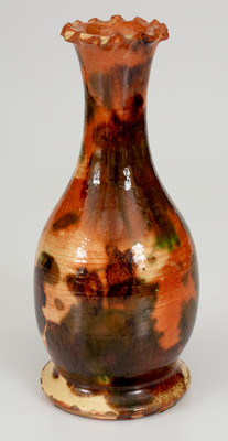 Outstanding attrib. J. Eberly & Co., Strasburg, VA Multi-Glazed Redware Crimped-Rim Vase