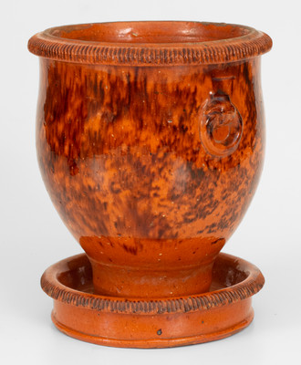Rare Glazed Redware Flowerpot with Ring Handles, Stamped 